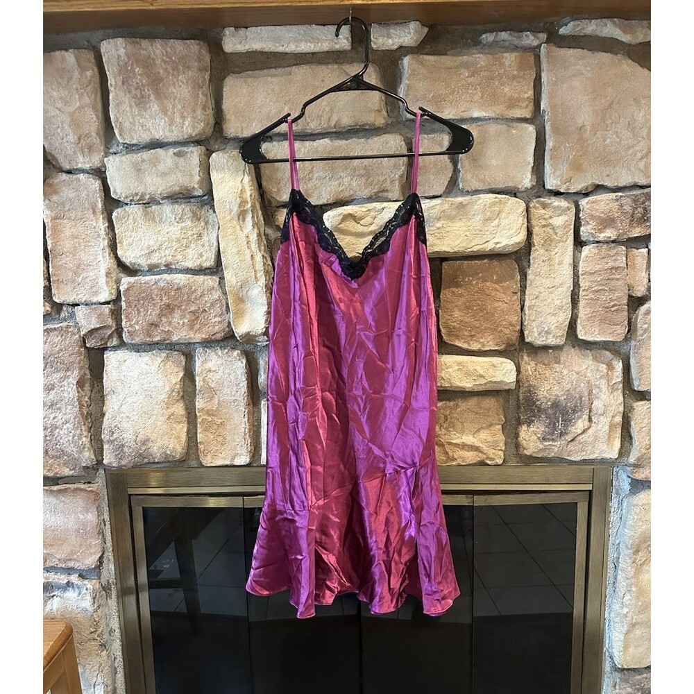 VTG Y2k Delicates Purple Pink Fuschia Slip dress Black Lace Trim Fairy Gothic L